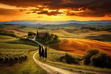 Obraz premium Rolling hills of tuscany, italy, showcasing a traditional farmhouse and vibrant sunset colors