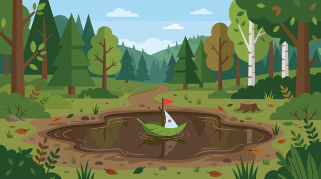 Cartoon forest, green boat, puddle illustration, serene landscape, nature scene