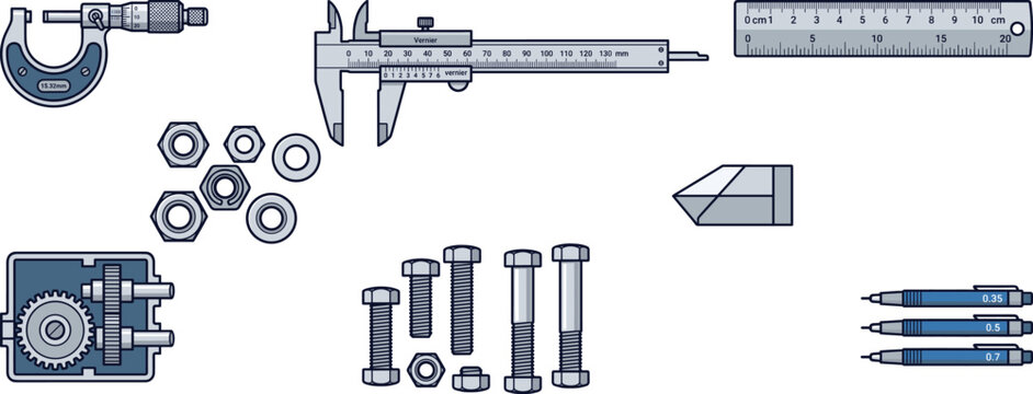 Engineering measurement and fastening tools set with micrometer, vernier caliper, ruler, screws, nuts, bolts, pencil, and mechanical component illustration collection