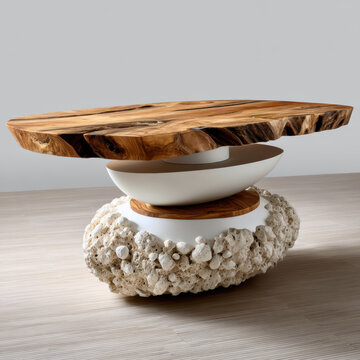 Organic wood slab dining table with natural edge, stone base, modern sculptural design, neutral color, contemporary style