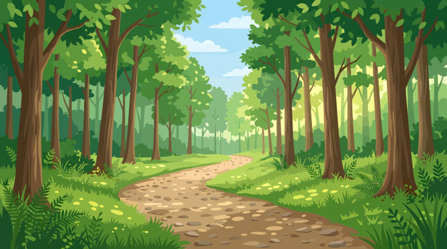 Serene forest path, tree lined road, green landscape, sunny trail