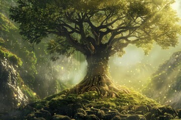 Fototapeta premium Glowing particles illuminating a majestic tree growing on a small hill in a magical forest
