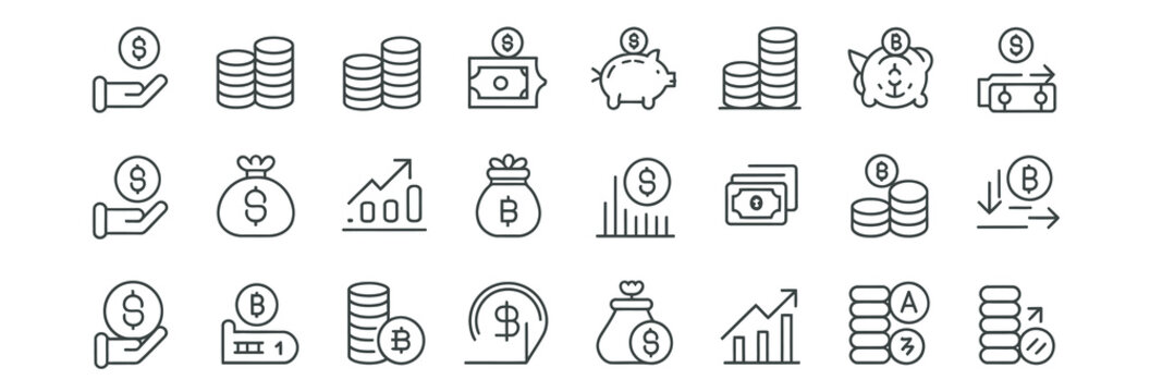 Collection of financial icons: coins, money bag, piggy bank, graph, and currency symbols.