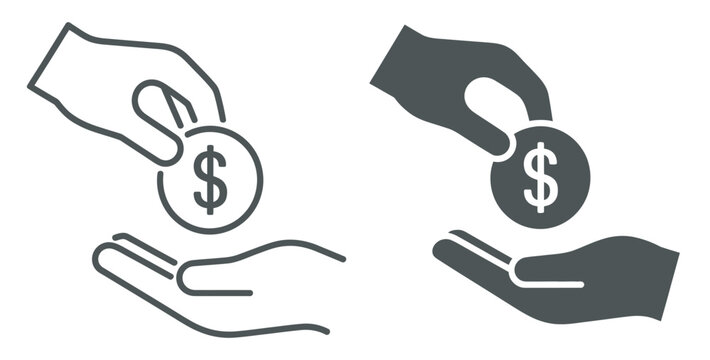 Hand giving a dollar coin to another hand, symbolizing donation, payment, or financial transaction with outline and solid icons.
