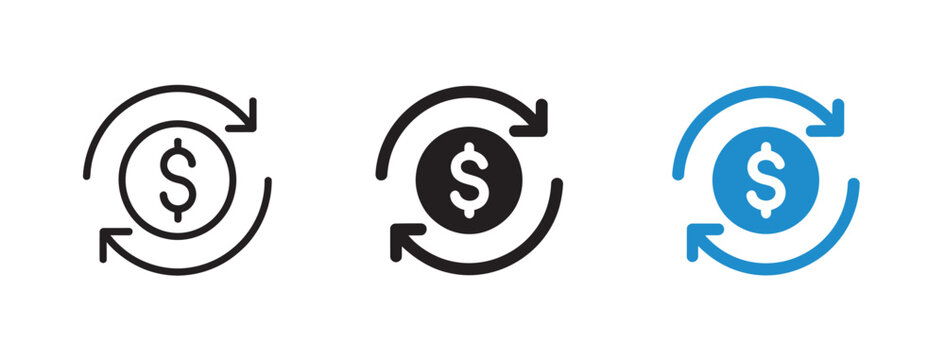 Three icons showing dollar coin with circular arrows indicating exchange or return