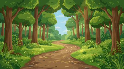 Fototapeta premium Cartoon forest path, dirt road, green trees, landscape vector