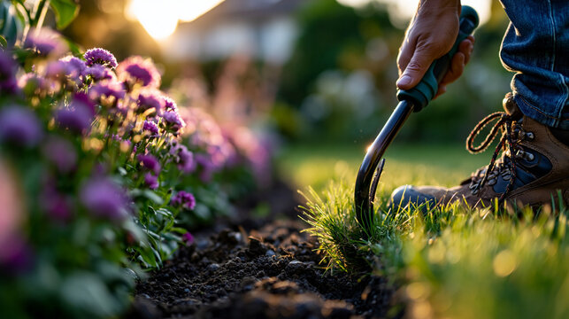 A boot pressing a gleaming half-moon edging tool cleanly into the bright lawn border beside a vivid flower bed in full sunlight, the crisp edge forming and the cut soil catching