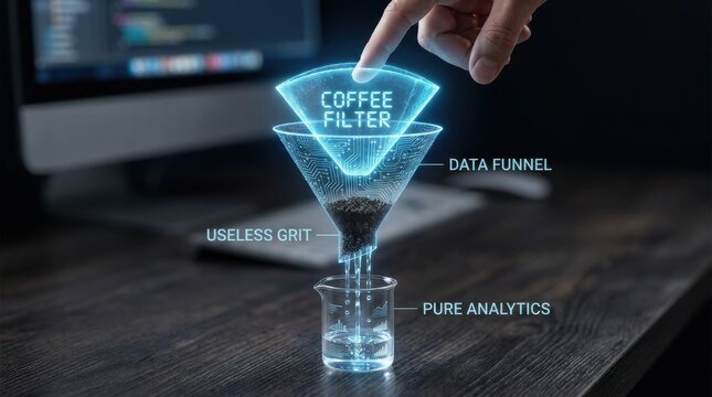 Conceptual data filtering process showing a digital coffee filter separating pure analytics from useless grit on a modern desktop