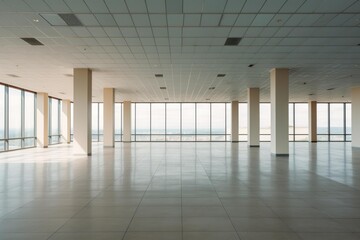 Naklejka premium Large empty office interior featuring tall glass windows overlooking a city skyline