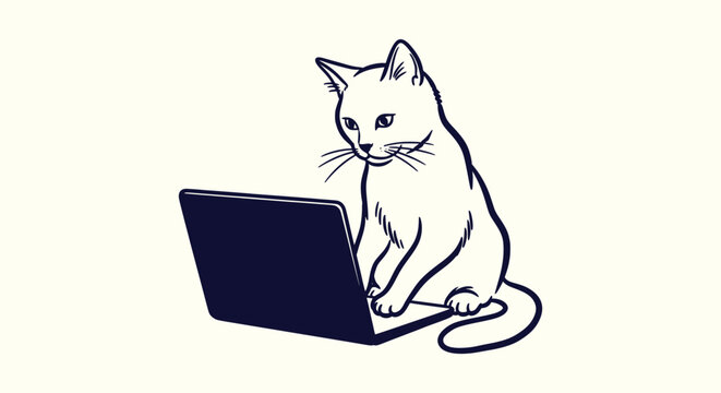 Minimalist Line Art Illustration of a Smart Cat Using a Laptop Computer for Remote Work and Typing