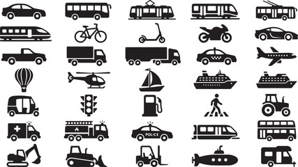 Comprehensive Transportation and Public Logistics Icon Set Featuring Diverse Vehicles Emergency Services and Urban Infrastructure Symbols © rofikgraph24