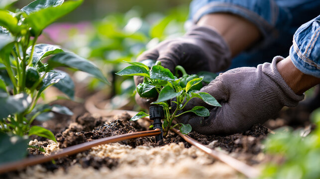 Gloved hands installing a drip irrigation emitter into sunlit soil between vivid green pepper plants in a bright vegetable bed, the thin tubing running along warm sunlit pale soil