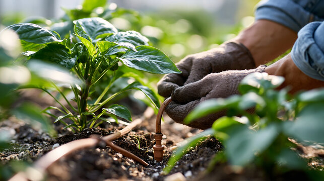 Gloved hands installing a drip irrigation emitter into sunlit soil between vivid green pepper plants in a bright vegetable bed, the thin tubing running along warm sunlit pale soil