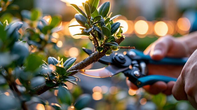 Low-angle view of gleaming bypass loppers cutting through a thick branch from a lush shrub in full sunlight, the bright severed branch beginning to fall, the clean cut surface