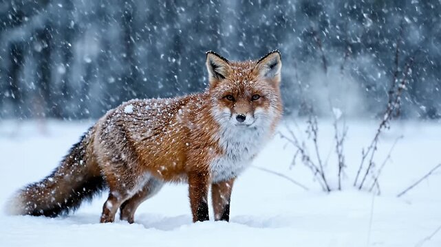 Red fox stands in winter snowfall in a natural wilderness setting