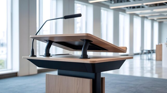 Modern wooden lectern with microphone set in a bright conference room