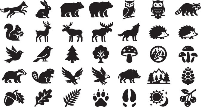 Forest Wildlife and Woodland Animal Icon Set Featuring Wild Fauna and Nature Conservation Elements for Outdoor Adventure Concepts
