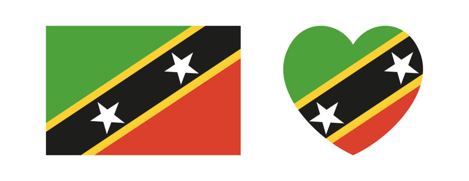 Saint Kitts and Nevis heart, rectangular country flag icon, badge, background. National Saint Kitts and Nevis rectangle, heart flag sticker, button, banner set.