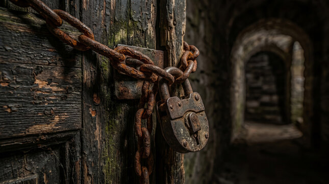 Gritty close-up of a rusted padlock and heavy chains on an aged wooden door. Cinematic lighting, dramatic shadows, and rich textures. Perfect for mystery or gothic themes.