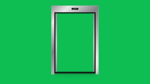 Silver elevator door opening and closing overlay animation with green screen placeholder inside lift on green screen. 4K animated lift door for transitions, video editing, and motion graphics.
