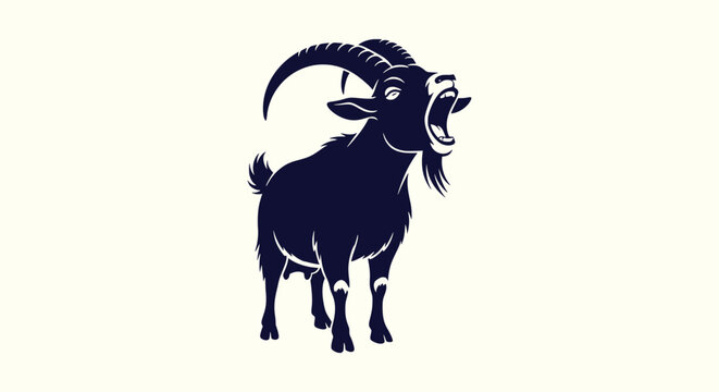 Stylized screaming goat illustration with curved horns isolated on white for logo design and mascot