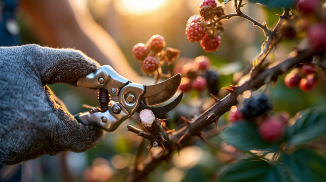 A gloved hand pruning a thorny cane back to a clean stub with gleaming bypass secateurs in full sunlight, the cut surface pale and freshly exposed, defocused summer berry garden