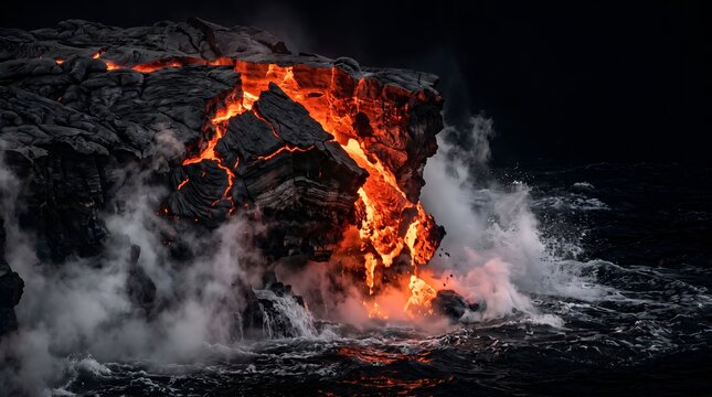 Erupting volcano spews molten lava into the ocean at night