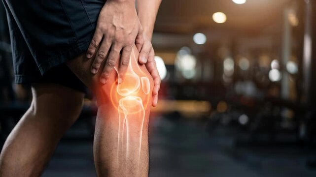 A person is working out in a gym. They are showing exercises meant to relieve knee pain. Different angles highlight the movements and techniques used for knee support