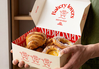 Hands Holding Open Bakery Pastry Box Mockup