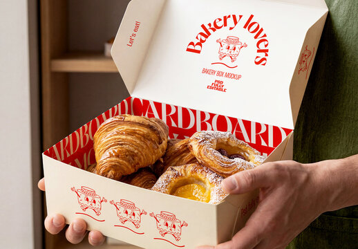 Hands Holding Open Bakery Pastry Box Mockup
