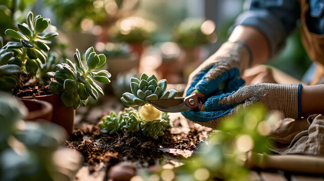Close-up of gloved hands carefully separating a small succulent rosette offset from the mother plant with a clean knife on a sunlit garden table, the cut surface of the offset