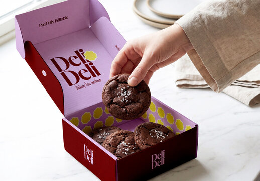 Hand Picking Cookie From Open Dessert Box Mockup