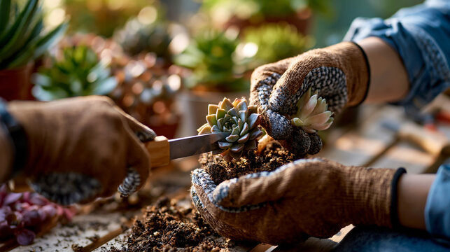 Close-up of gloved hands carefully separating a small succulent rosette offset from the mother plant with a clean knife on a sunlit garden table, the cut surface of the offset