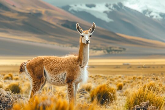 Vicuna standing in the andean highlands, facing the camera and posing