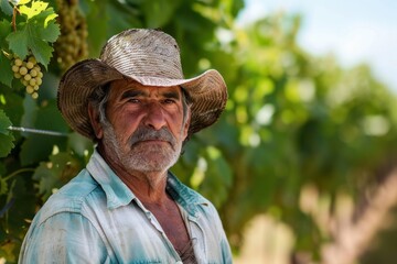 Obraz premium Experienced winemaker with weathered hat standing proudly amidst his vineyard, ensuring a fruitful harvest