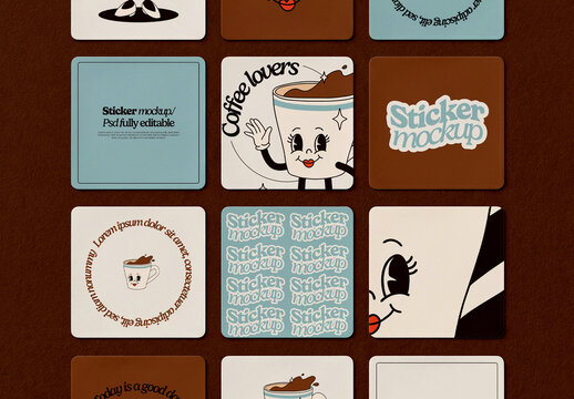 Square Sticker Set on Textured Surface Mockup