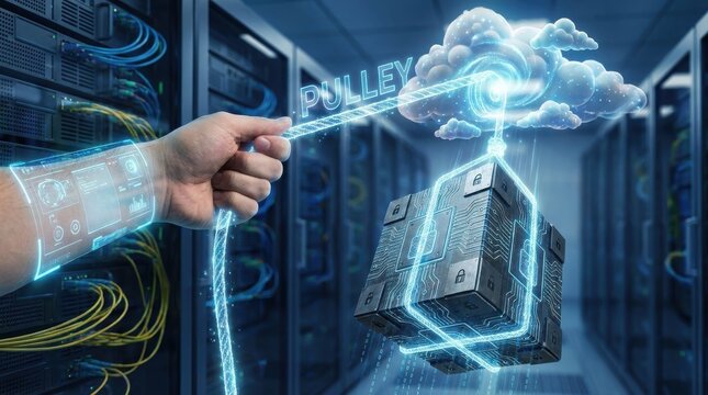 Hand pulling data cube from cloud in server room