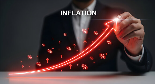 Rising Inflation Concept with Businessman Drawing a Glowing Red Upward Arrow and Percentage Icons for Financial News and Economic Reports.