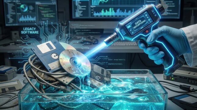 Handheld scanner analyzing outdated circuit board in technology workspace