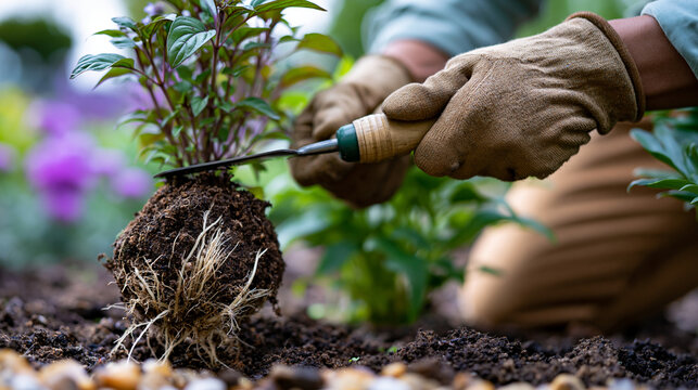 Close-up of a gloved hand using a narrow trowel to carefully remove an established perennial from between two other plants in a bright border, the root ball intact and pale roots