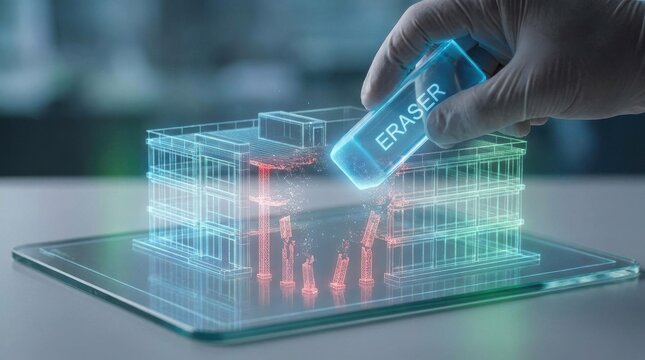 Hand erasing digital data network on transparent futuristic interface