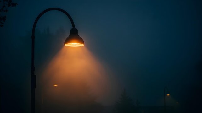 Glowing street lamp illuminating a dark foggy night in the park