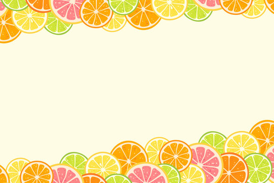 Juicy citrus fruits slices border frame with orange, lemon and lime on ivory background. Vector illustration in flat style