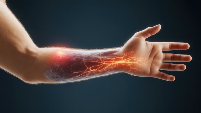 Human arm with glowing red veins and nerves showing pain or inflammation on a dark background