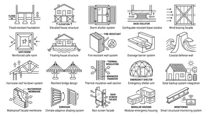 Naklejka premium Disaster Resilience and Climate-Adaptive Building Systems Icons Showing Emergency Shelter, Flood Protection and Structural Solutions