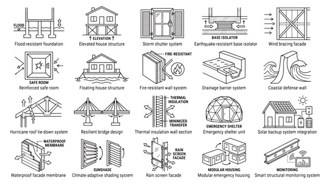 Disaster Resilience and Climate-Adaptive Building Systems Icons Showing Emergency Shelter, Flood Protection and Structural Solutions