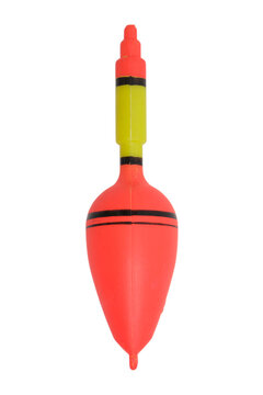 Fishing float on white background. Bright red and yellow bobber for angling. Equipment for sport fisherman to detect fish bite. Accessory for outdoor recreational activity at lake or river.