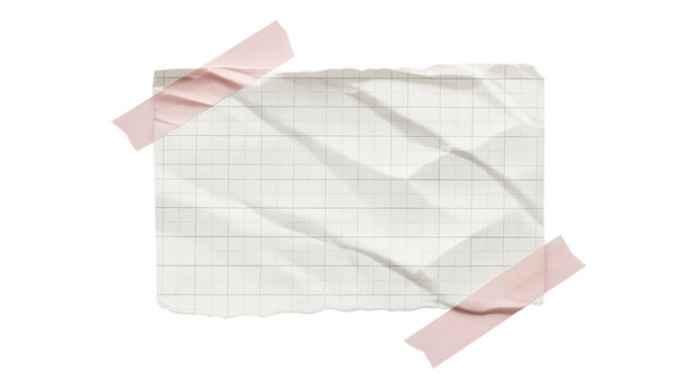 Crumpled grid paper scrap with pink washi tape, torn notebook page mockup, textured white graph paper note isolated on white background