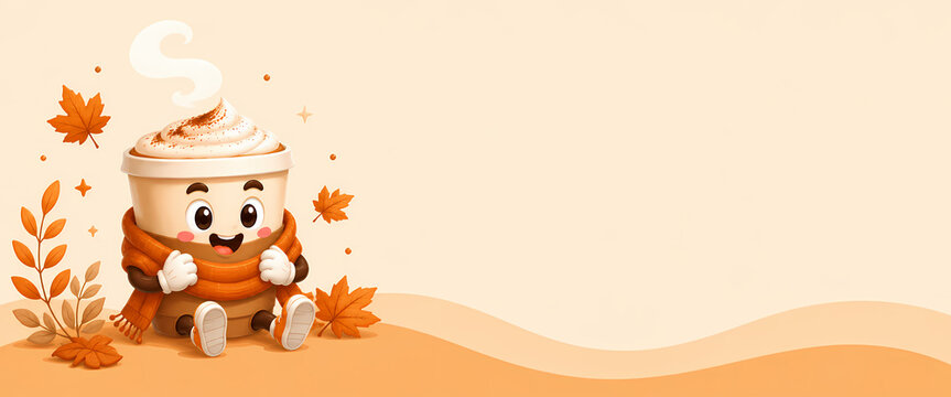 Mascotte Cappuccino Automne Cozy Banni&egrave;re Pastel avec Espace Texte