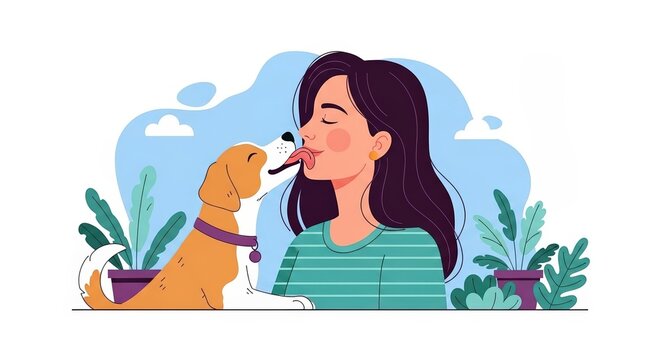 Dog licking it's female owner face, colorful illustration. Love for pets, adoption and care for animals. Happy woman with her puppy, green plants on background